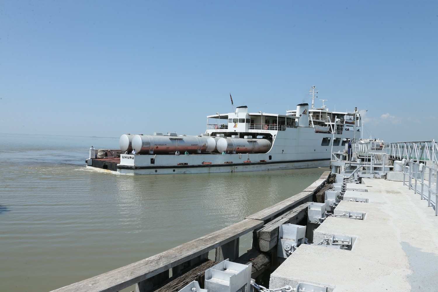 Kisumu port on Lake Victoria showing cargo vessels and the newly revitalised waterfront infrastructure
