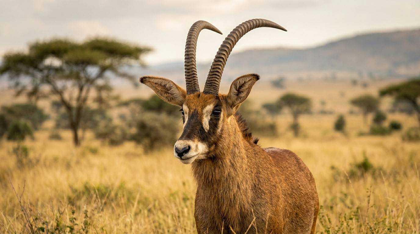 A rare roan antelope grazing in Ruma National Park's Lambwe Valley savannah, Homa Bay County, Kenya