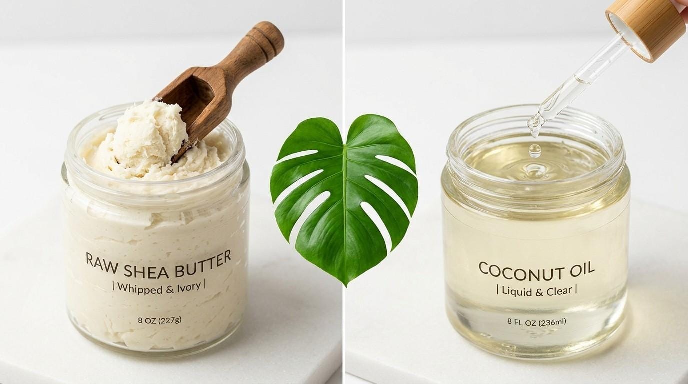 Close-up comparison of shea butter texture versus liquid coconut oil in glass jars