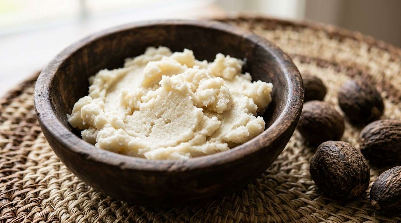 Raw unrefined shea butter in a wooden bowl, showing its natural ivory colour and texture