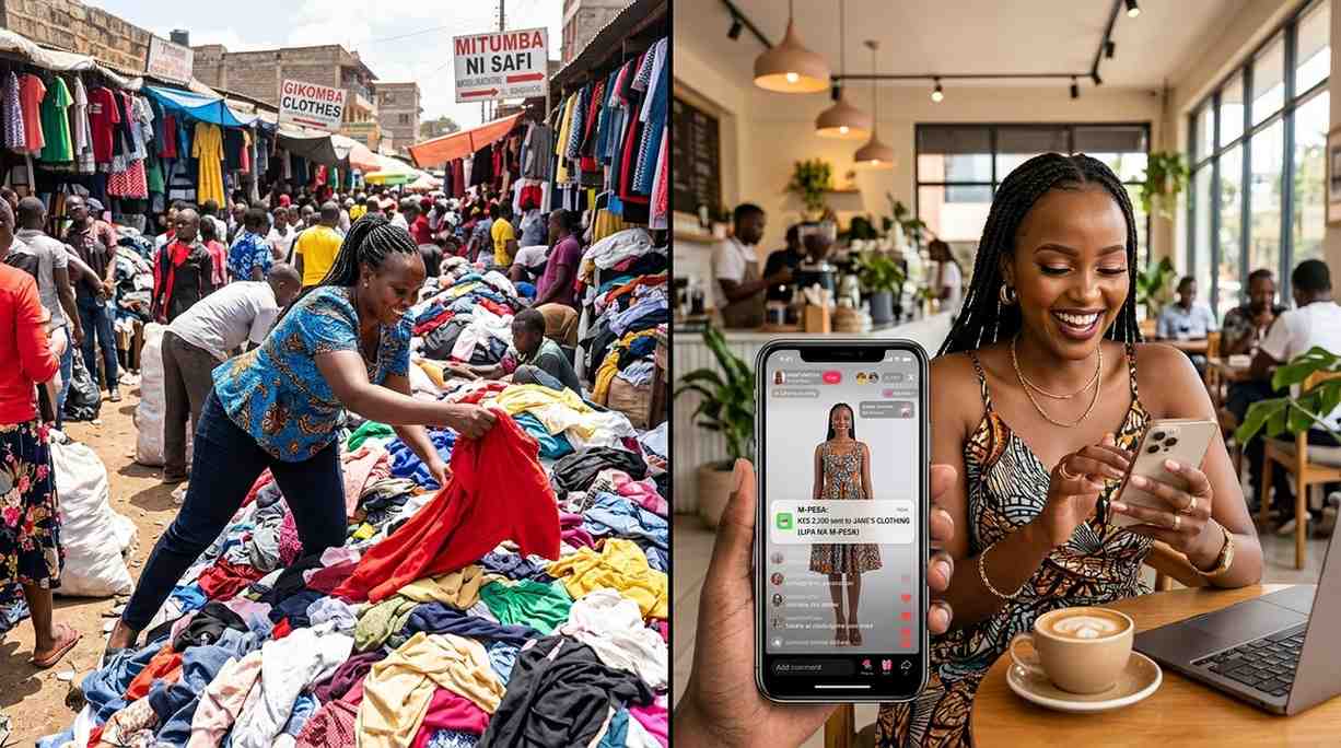 Rows of second-hand clothes hanging at Gikomba Market stalls in Nairobi