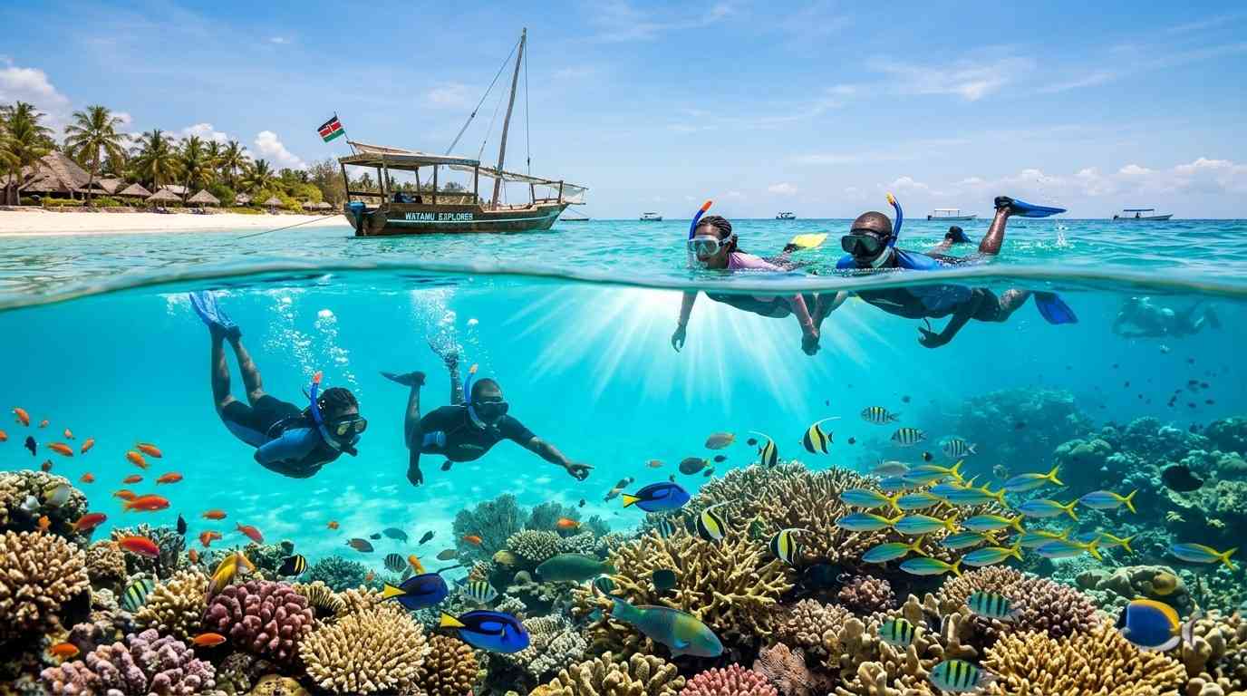 Snorkelling at Watamu Marine National Park in Kilifi County Kenya, showing coral reefs and tropical fish in turquoise Indian Ocean water.