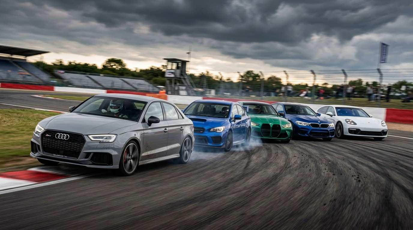 Performance 4WD sedans including Subaru WRX STI, BMW M3, and Audi RS3 on a race track