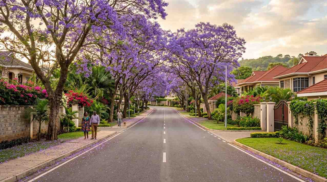 Tree-lined streets of Milimani Estate Nakuru City with modern bungalows and jacaranda trees