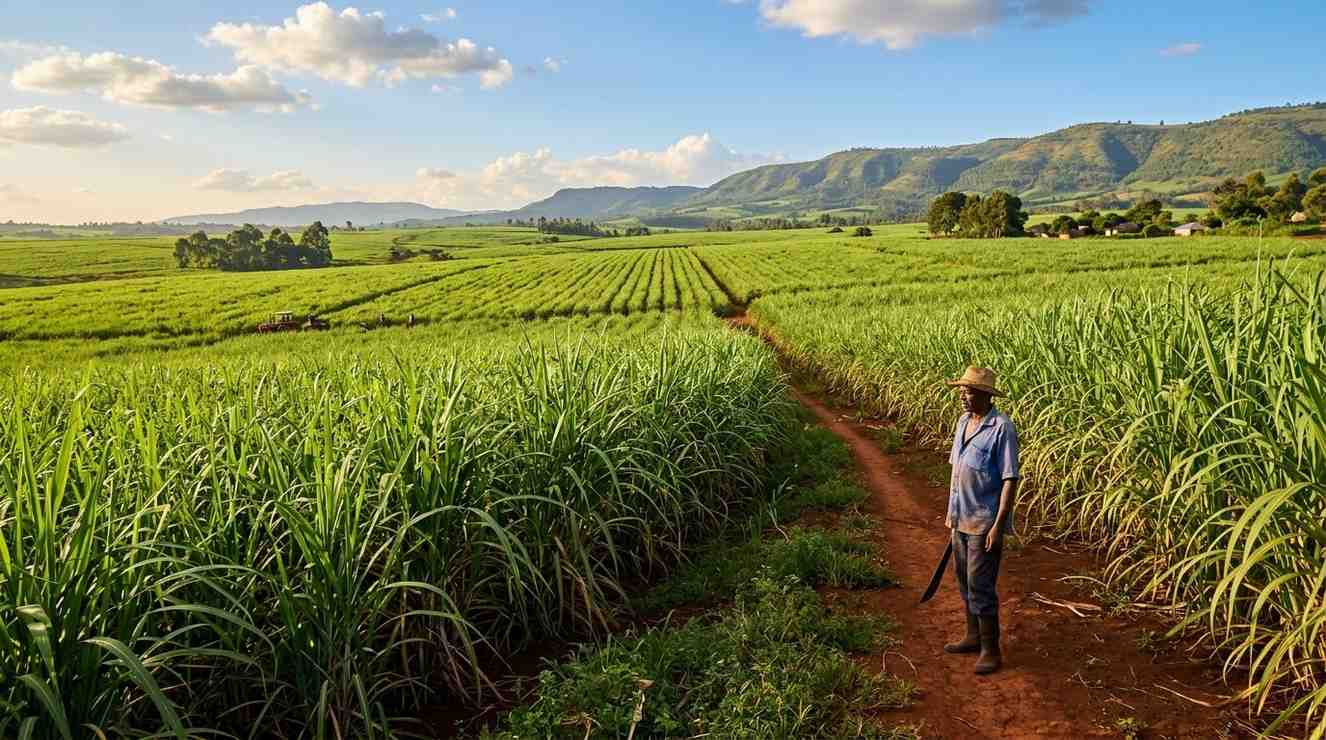 Expansive sugarcane fields stretching across the flatlands of southern Kakamega County near Mumias