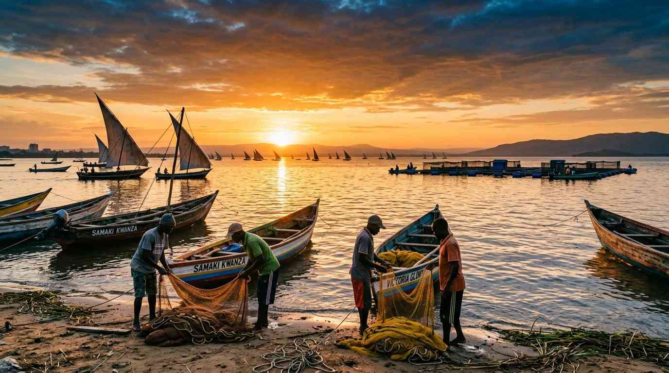Lake Victoria fishing boats at sunrise near Kisumu representing the blue economy and aquaculture business potential of Western Kenya