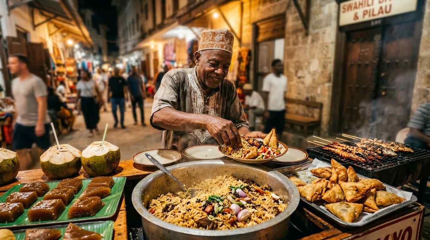 Mombasa street food — pilau rice, samosas, and grilled seafood at a coastal market
