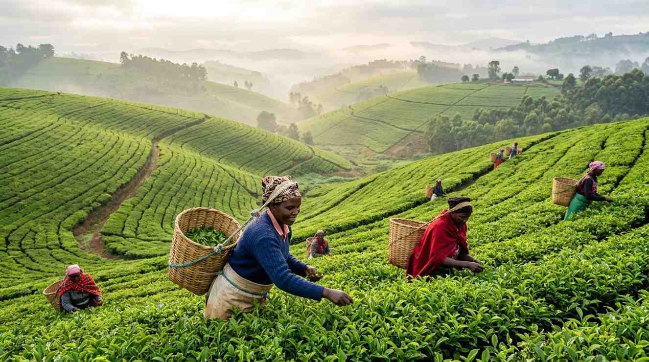 Tea pickers harvesting on the rolling green slopes of Kiambu County highlands — a key sector of the county economy