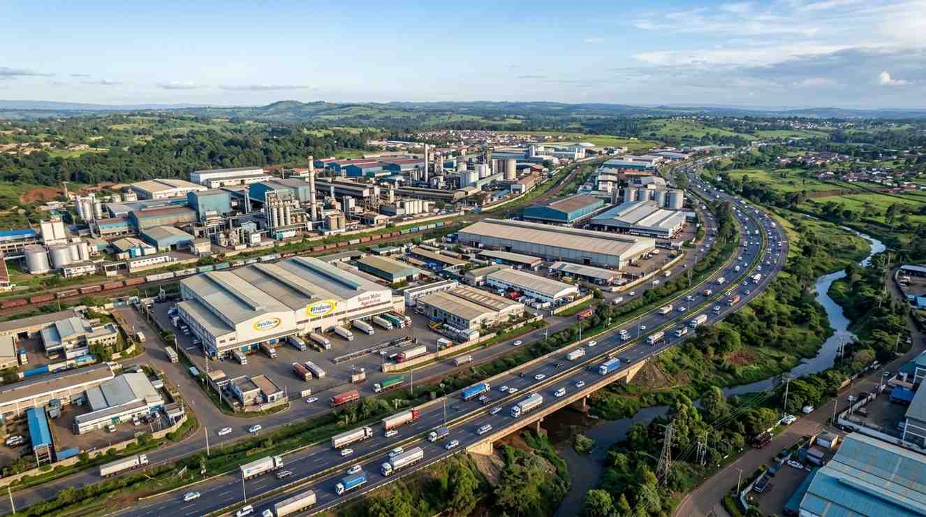 Thika Town industrial area skyline with factories and the Thika Superhighway — the manufacturing hub of Kiambu County