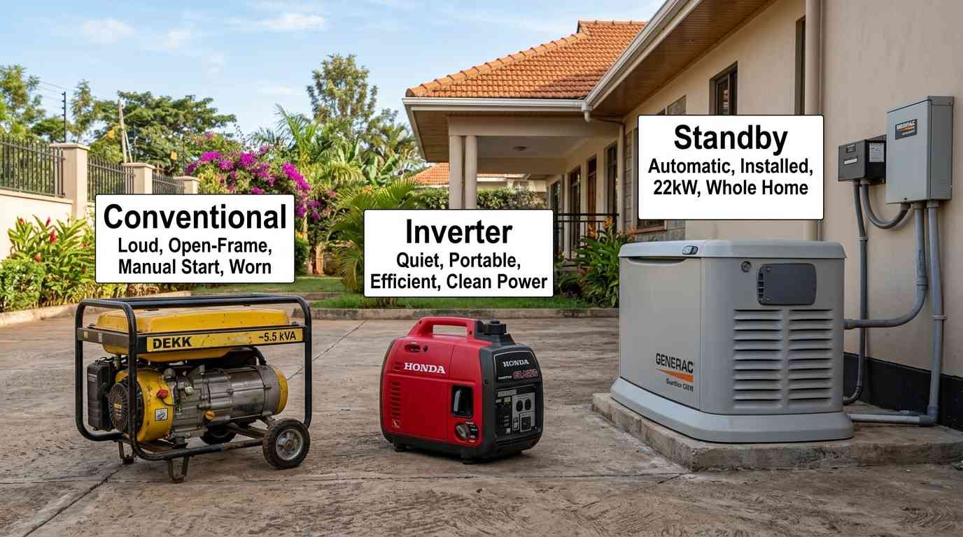 Different types of home backup generators available in Kenya — conventional, inverter, and standby generators