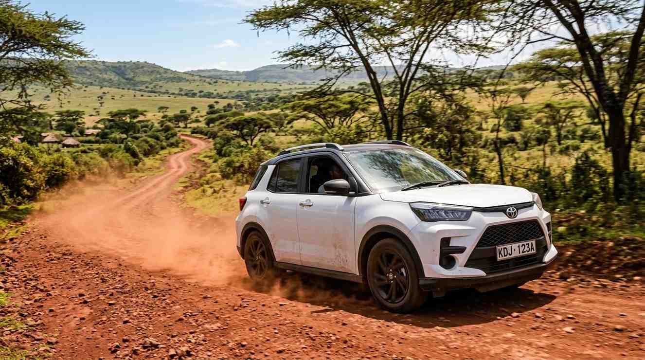 Toyota Raize driving on a Kenyan road — city commuting and light off-road capability