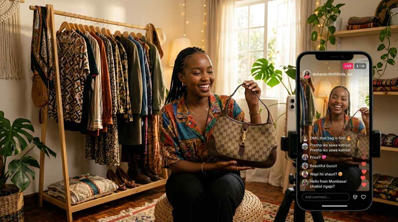 A TikTok live session showing a Kenyan mitumba seller displaying second-hand clothes and handbags for online buyers