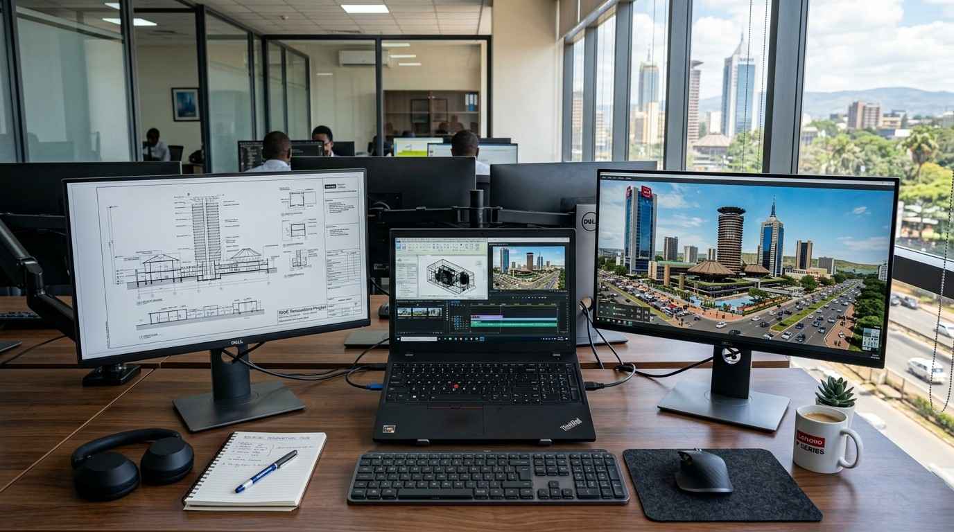 Lenovo ThinkPad P15 workstation laptop on a desk in Nairobi office