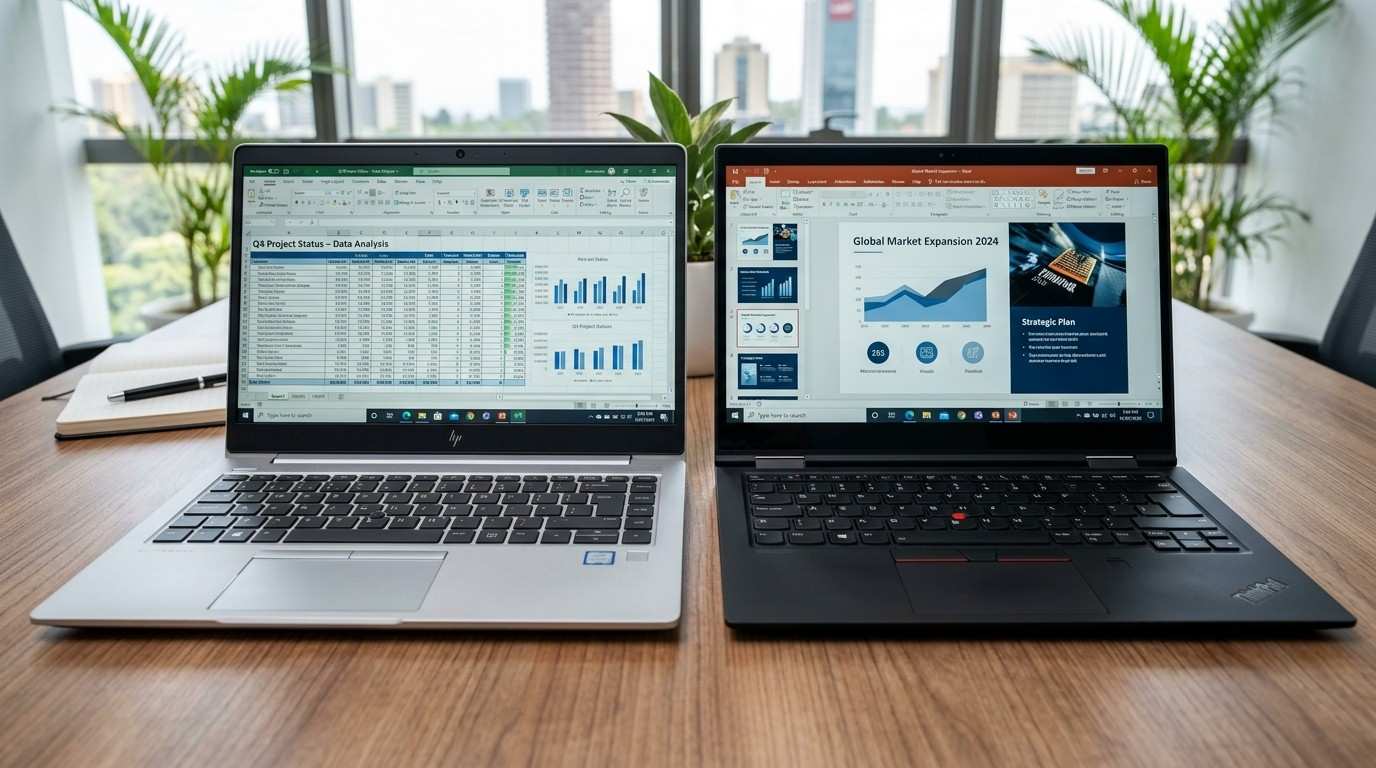 HP EliteBook 840 G8 and Lenovo ThinkPad X1 Yoga side by side