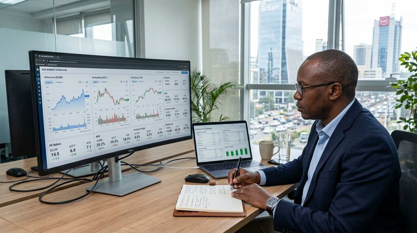 Experienced Kenyan investor reviewing NSE stock charts and financial ratios on a laptop