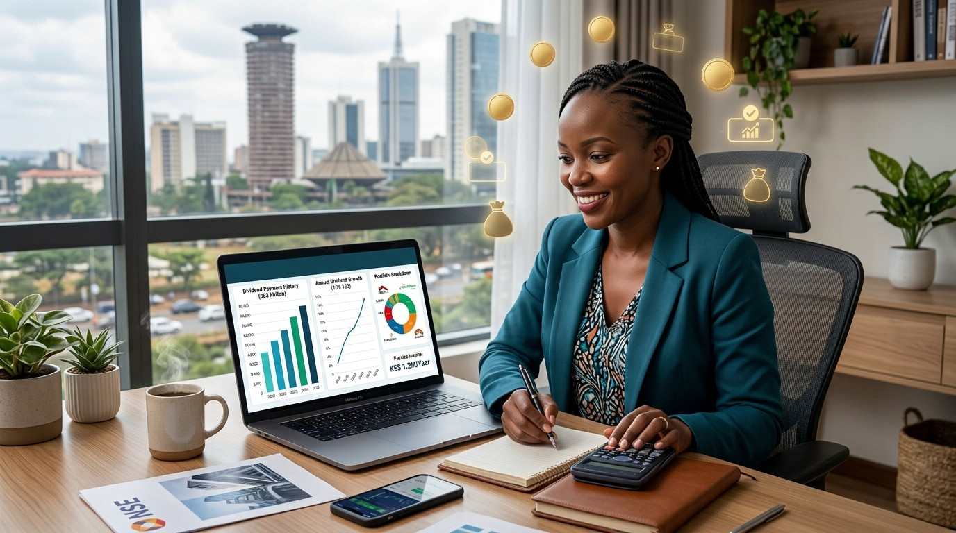 Kenyan investor reviewing NSE dividend growth chart on a laptop