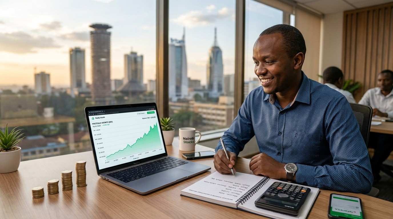 Kenyan investor reviewing personal finance basics with a notebook and calculator