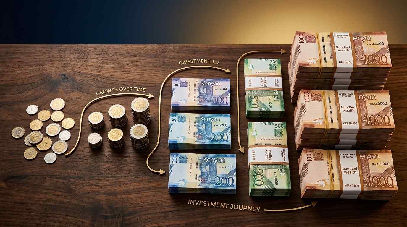 Chart showing Kenyan Ksh growing from coins to bundles of notes representing investment growth over time
