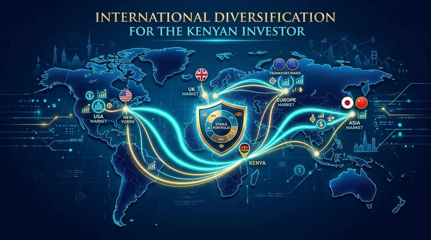 World map showing Kenyan investor diversifying portfolio into international stock markets