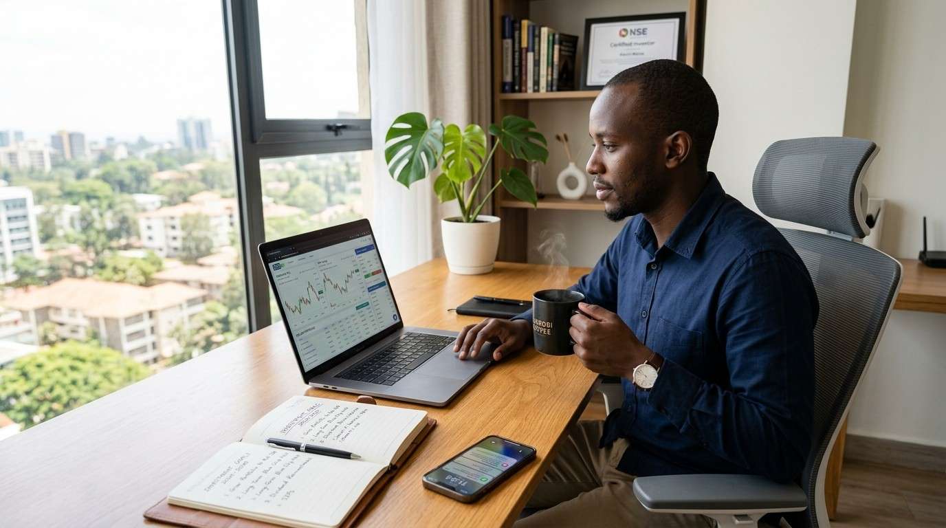 Young Kenyan investor reviewing NSE share prices on a laptop to build wealth through the NSE in Kenya