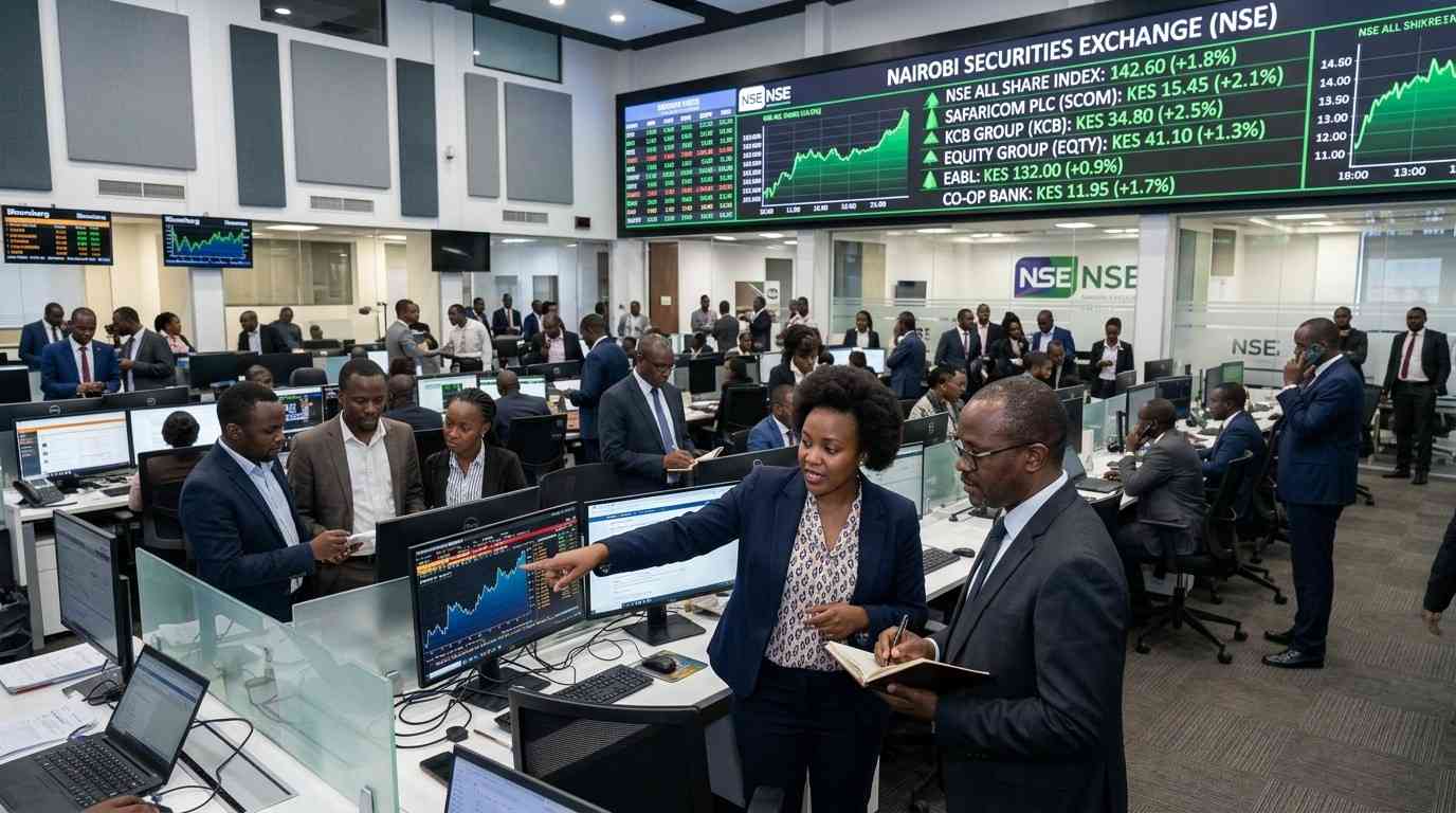 Nairobi Securities Exchange trading floor showing stock prices for wealth through the NSE in Kenya