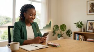 Kenyan investor checking money market fund returns on a smartphone.
