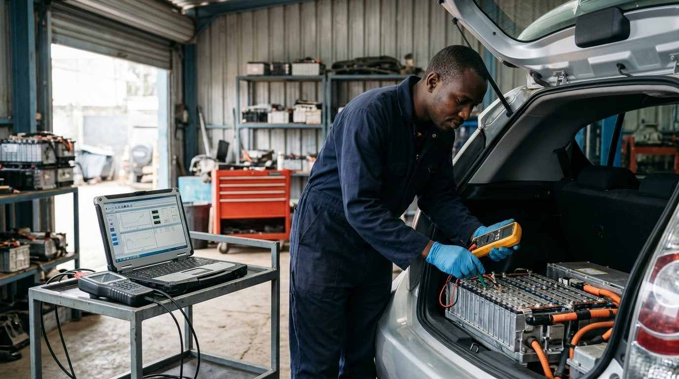 Mechanic checking a hybrid battery pack in a Nairobi garage